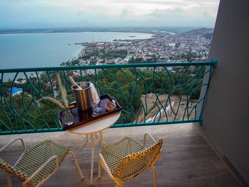 Balcony table overlooking the bay