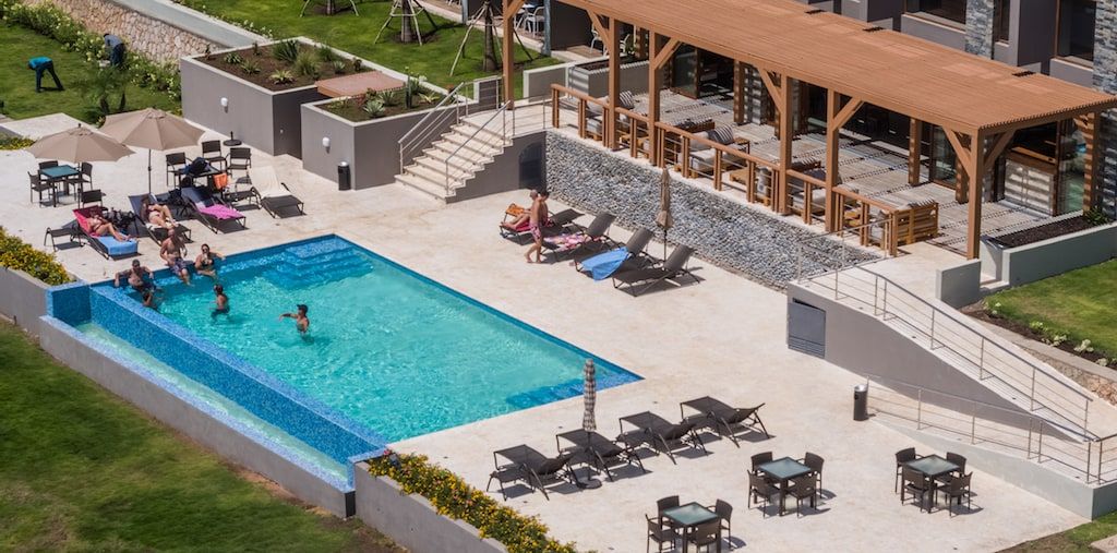 Aerial view of the pool deck and terrace